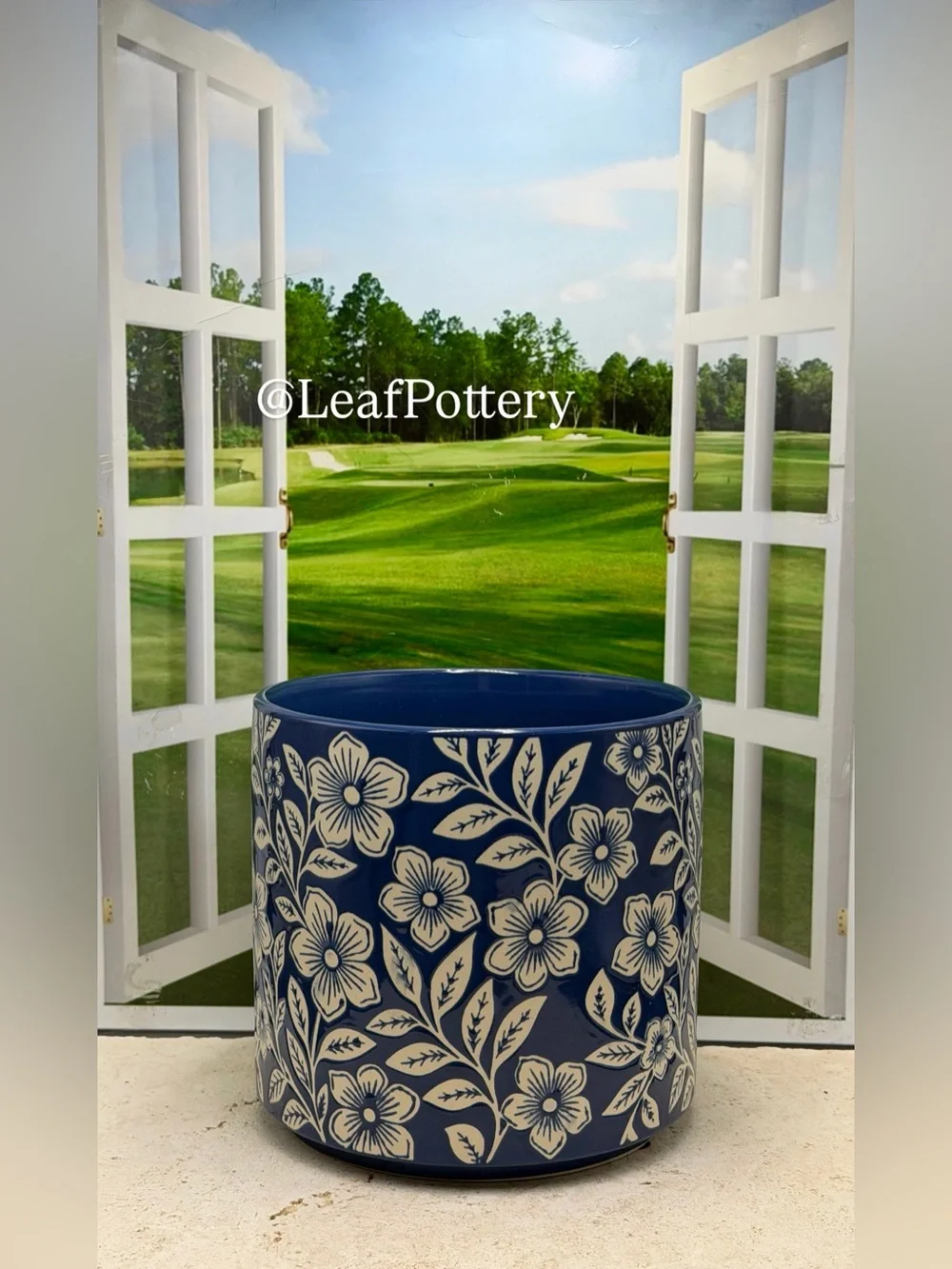 Blue and White Floral Ceramic Planter with Drainage Hole, 7 Inch Flower Pot